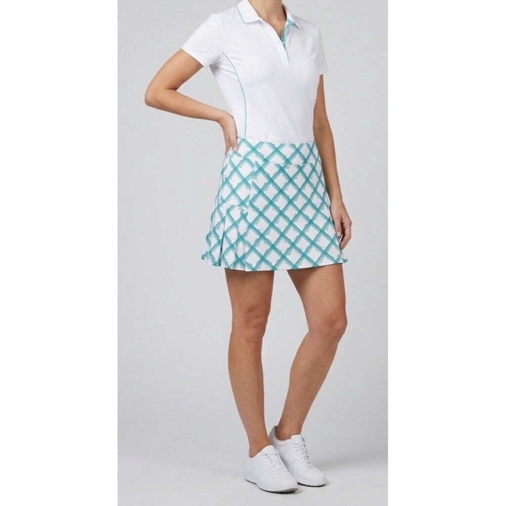 Lillie Green Golf Skort Women's Large Teal White Plaid Diamond Pleated Athletic